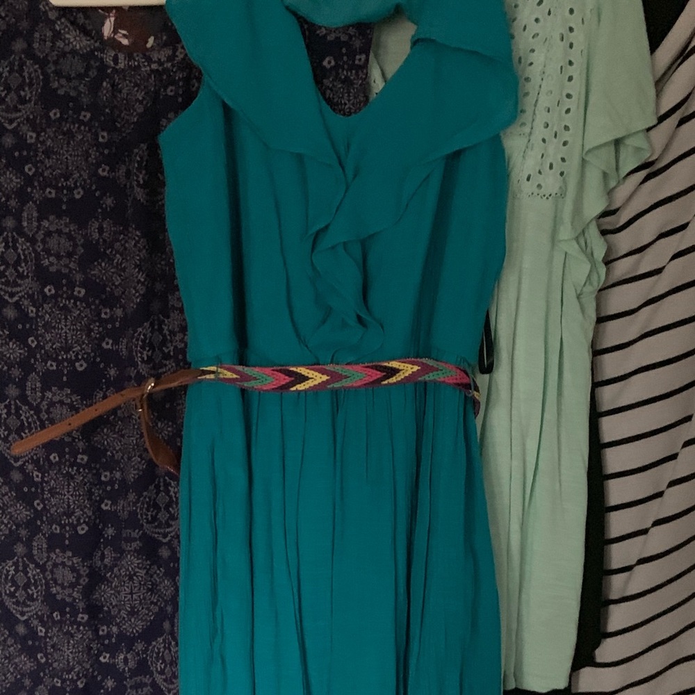 iZ Byer blue flounce dress with multi colored belt